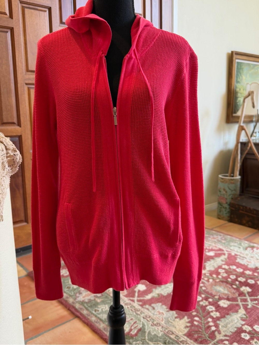 Caslon Womens Red Full Zip Hoodie Sweatshirt Jacket Pockets Size Large L Thermal